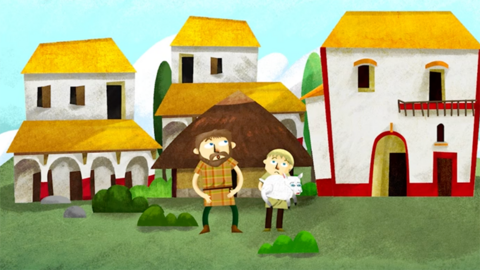 Cartoon of an ancient Briton family surrounded by new buildings.