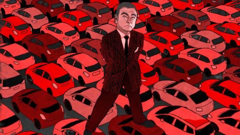Cartoon of Carlos Ghosn standing astride cars