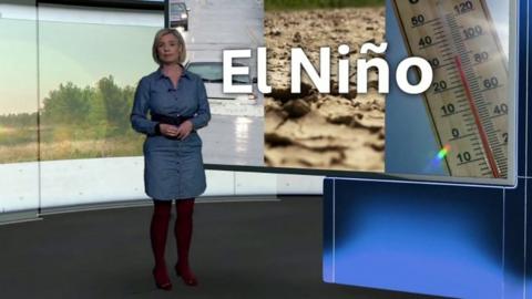 Sarah Keith-Lucas standing in front of a weather screen with the words El Niño on it
