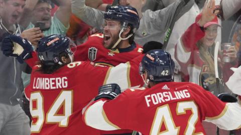 Carter Verhaeghe celebrates his winner for the Florida Panthers