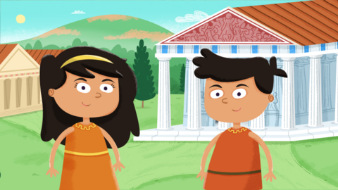 Two cartoon people dressed in togas stand in front of a villa