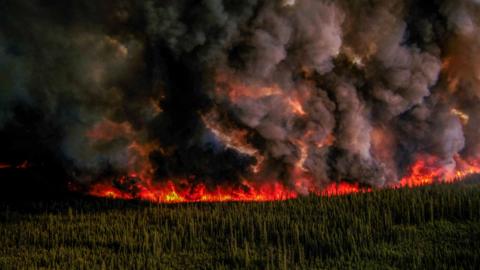 Smoke billows upwards from a planned ignition by firefighters tackling the Donnie Creek Complex wildfire south of Fort Nelson, British Columbia, Canada