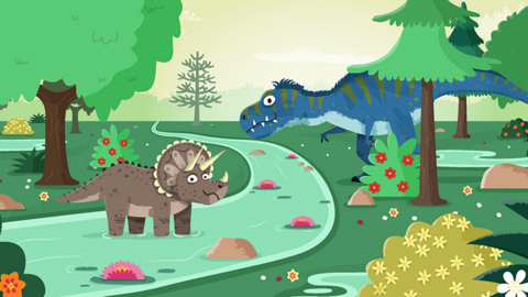 Triceratops and tyrannosaurus dinosaurs in a landscape of trees, bushes and a river.