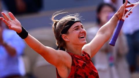 Karolina Muchova celebrates victory