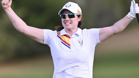 Europe's Leona Maguire celebrates her chip-in on the 18th in the Solheim Cup fourballs