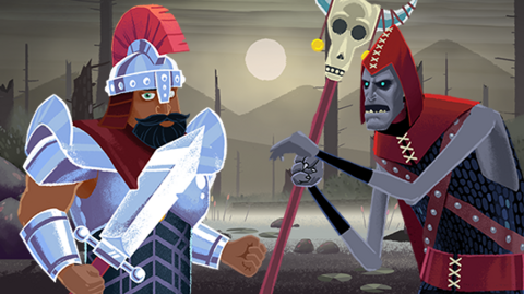 A knight faces off against a demon on a gloomy misty background.