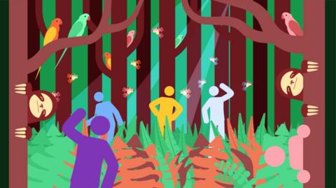 Colourful silhouette figures in an animated forest with animals