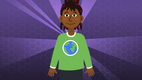 A Planet Planners character with a planet Earth on their shirt.