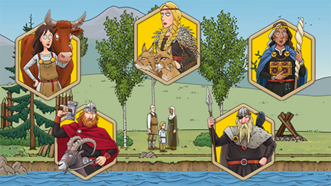 Five of the Norse gods looking down on a Horrible Histories Viking settlement.