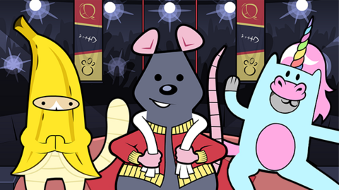 Karate Cats in an arena, dressed as a banana and a unicorn, with their mouse coach.