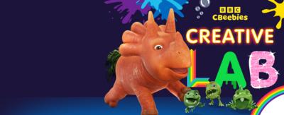 CBeebies Creative Lab. Minty, Split, Ginger and Wasabi from Vegesaurs, are seen around the bubbles, paint splats and rainbow imagery.