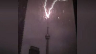 Lightning hitting Toronto's CN Tower