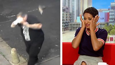 BBC Breakfast presenters react to footage showing a bird flying into an unsuspecting man's head.
