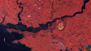 Infrared satellite image showing flooded Dnipro River