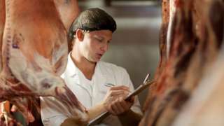 Stock image of butcher assessing meat