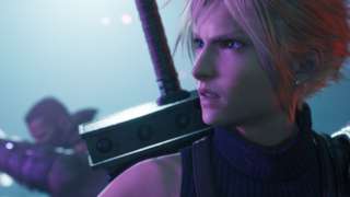 A close-up of Cloud Strife, from Final Fantasy VII. He's bathed in a purple glow, and the handle of his famous Buster Sword is visible over his shoulder
