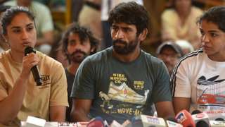 Wrestlers Bajrang Punia, Sakshi Malik and Vinesh Phogat addressing a press conference during their ongoing protest against the Wrestling Federation of India chief Brij Bhushan Sharan Singh on May 26, 2023 in Delhi