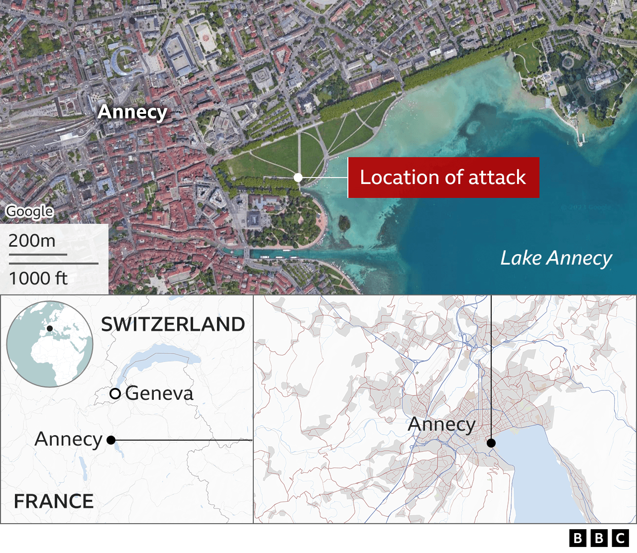 Map that locates Annecy in France and scene of stabbing in Annecy