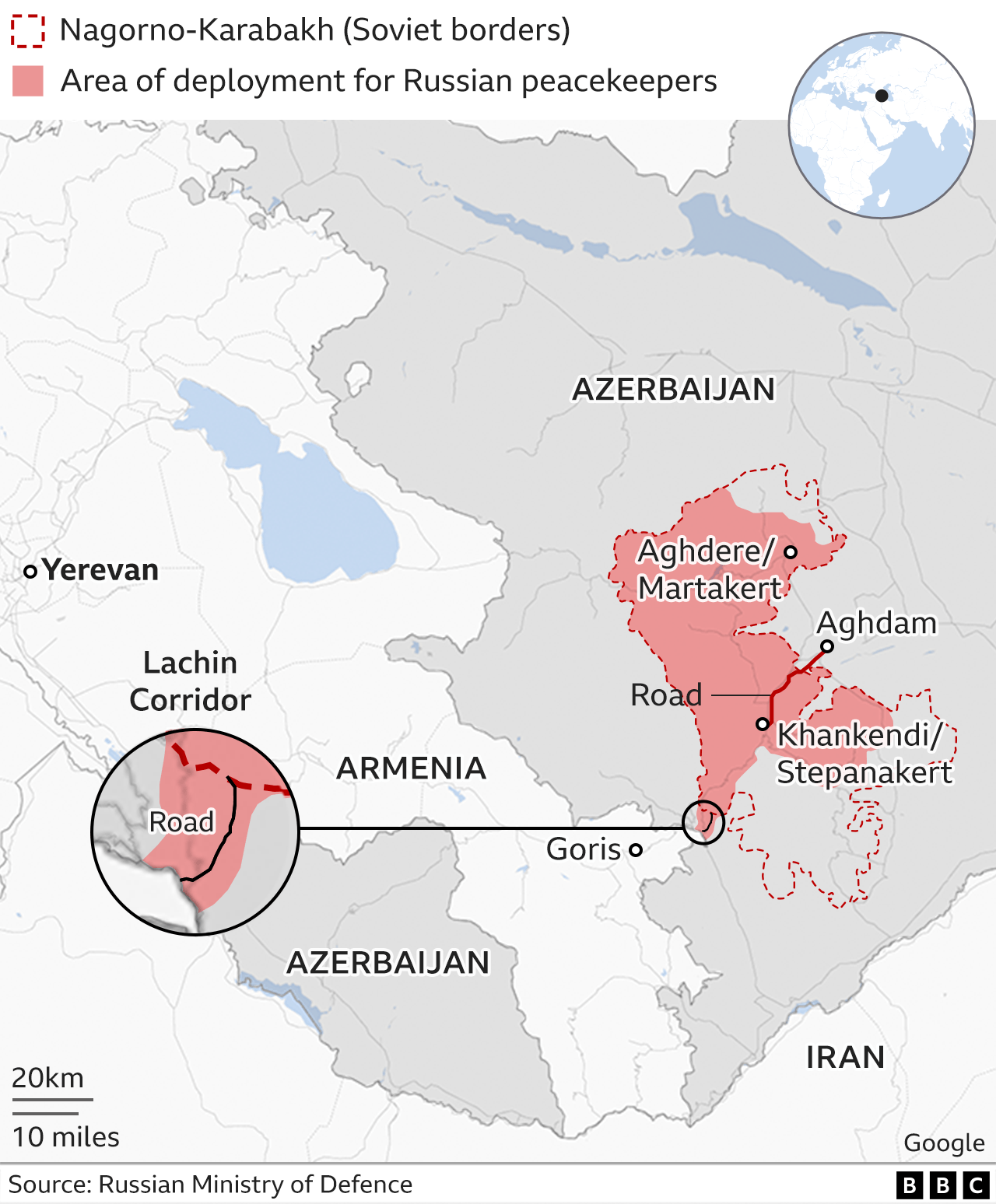 Map of the Nagorno-Karabakh region in Azerbaijan, showing areas of the former autonomous region where Russian peacekeeping forces operate. The map also highlights some of the cities in the area and the Lachin corridor, which, though not a part of the Nagorno-Karabakh region, is to remain under the control of Russian peacekeepers to act as a connection with Armenia for ethnic-Armenian population in the region.