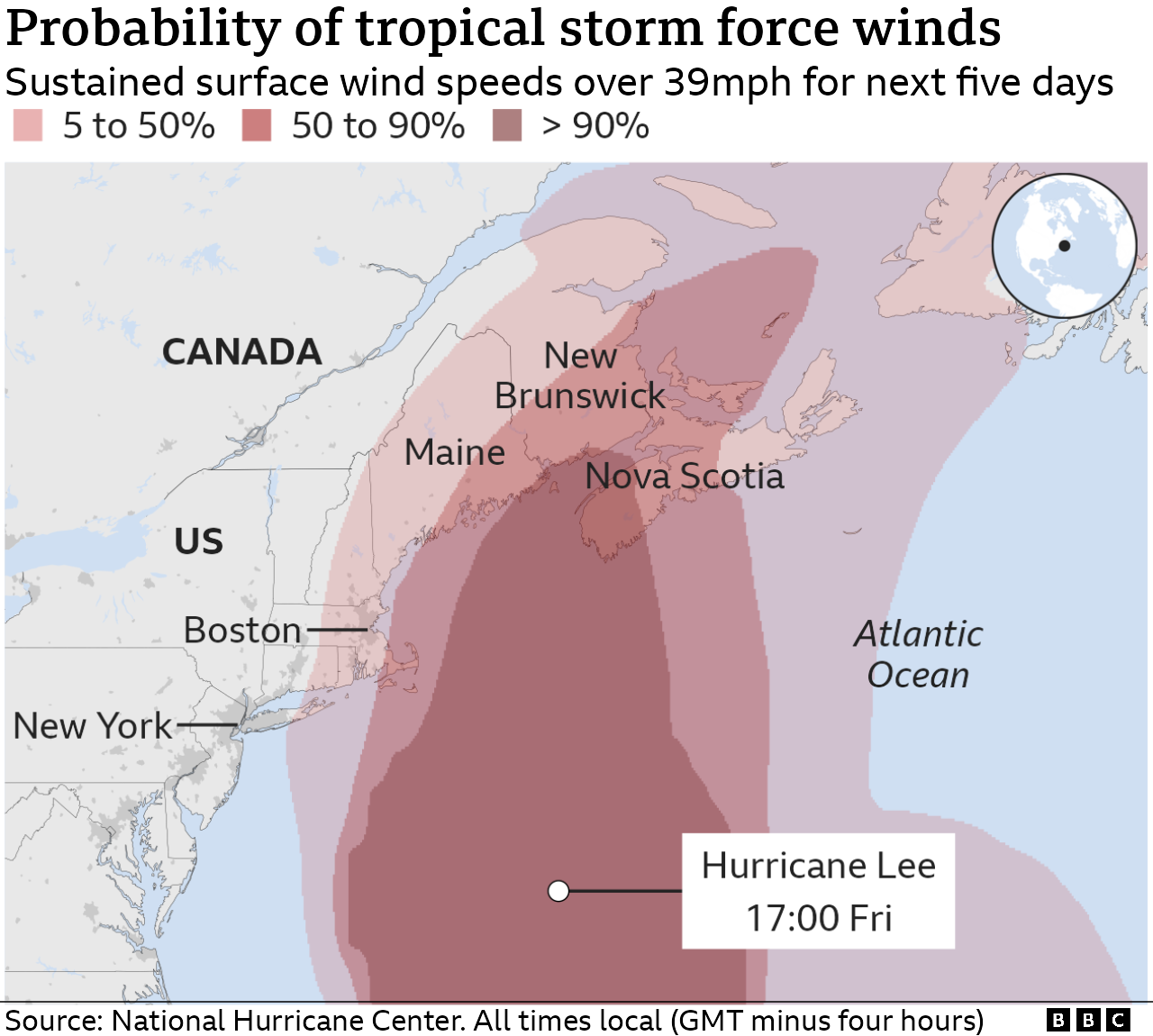 Map showing the probability that areas on the east coast of the US and Canada will experience tropical storm force winds in the next few days