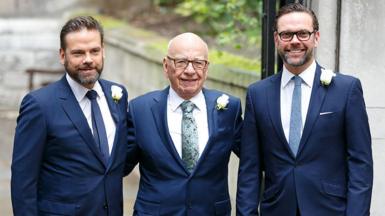 Rupert Murdoch with his sons Lachlan Murdoch (L) and James Murdoch (R) arrives at St Bride's Church for a service to celebrate his marriage to Jerry Hall on March 5, 2016