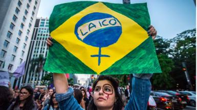 Woman holding a flag protests against the prohibition of abortion in Brazil