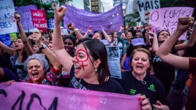 Women protest on Avenida Paulista in Sao Paulo against the prohibition of abortion