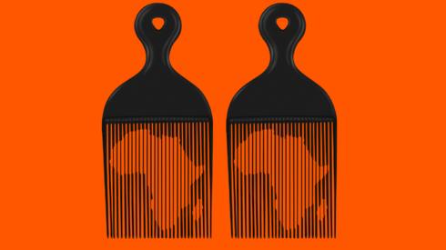 A graphic showing two combs with images of Africa visible behind them