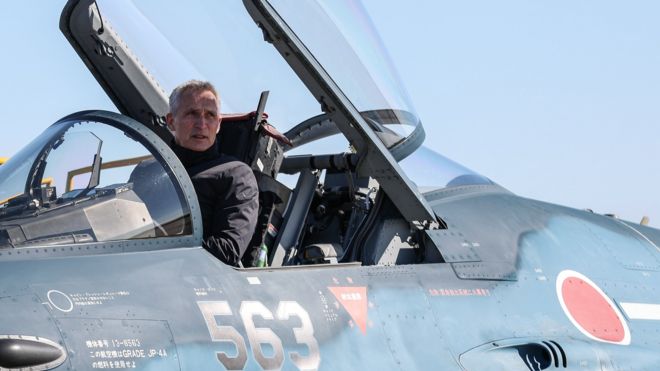 NATO Secretary General Jens Stoltenberg sits in the cockpit of the Mitsubishi F-2 fighter jet during a visit at the Japan Air Self-Defense Force Iruma Air Base on January 31, 2023 in Iruma, Japan.