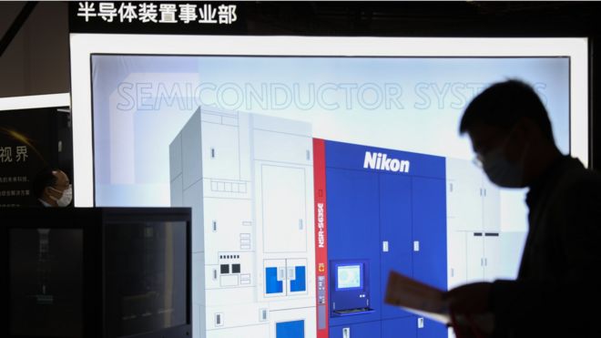 Nikon lithography machine is on display during the 4th China International Import Expo (CIIE) at the National Exhibition and Convention Center (Shanghai) on November 7, 2021 in Shanghai, China.
