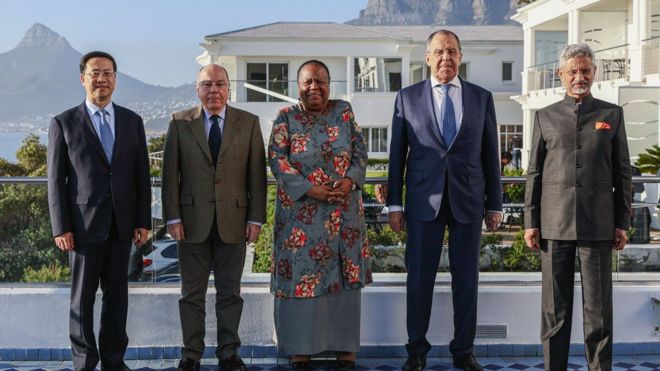 The foreign ministers of China, Brazil, South Africa, Russia and India at a Brics foreign minister meeting in Cape Town