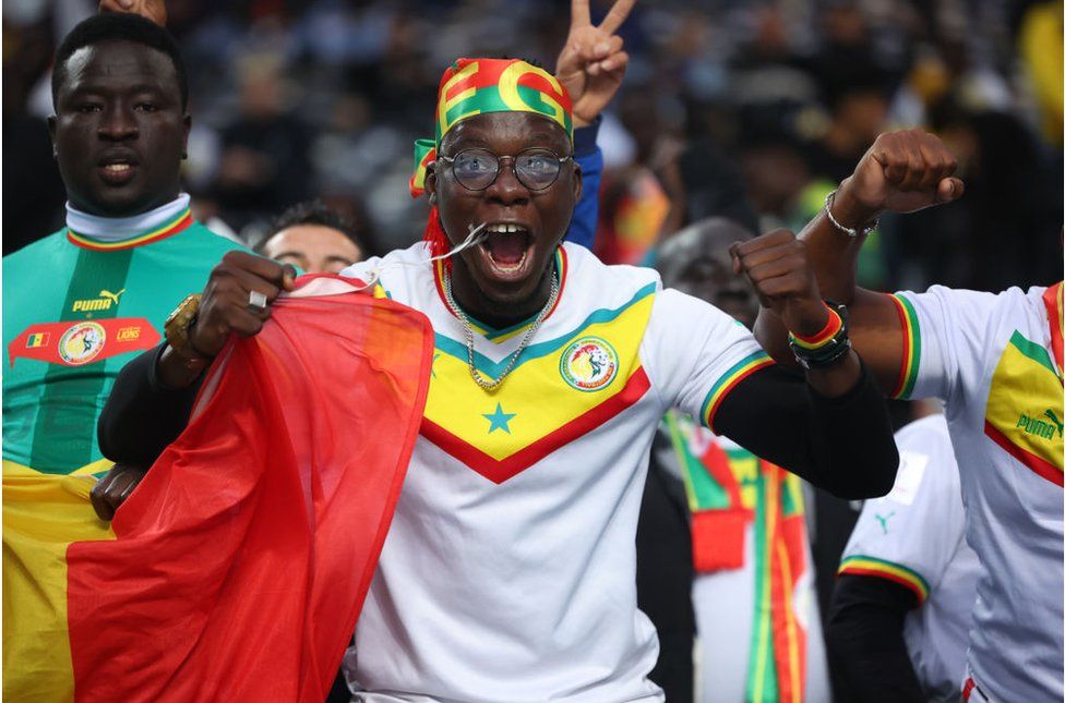 Senegalese fan cheering on wearing the colours of the Senegalese flag.