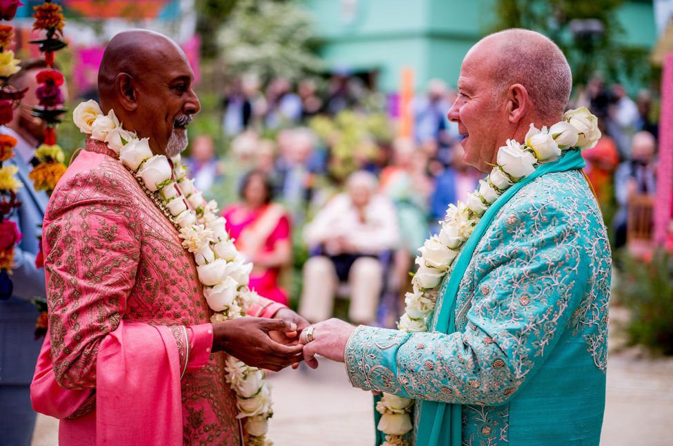 Manoj Malde, married his partner Clive Gillmor, in the RHS and Eastern Eye Garden of Unity,.