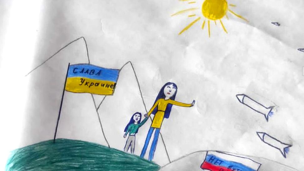 An anti-war drawing by 12-year-old Masha appears to show a Ukrainian woman with a child holding up a hand to say no as Russian missiles approach