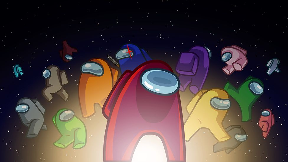 An illustration featuring a selection of characters from Among Us on a black background dotted with stars. A red character, with an oval visor, is in the centre of the shot surrounded by orange, blue, purple, yellow and green versions behind. The blue character sports a red glint over his visor and a knife can be seen in his hand - denoting that he is the imposter.