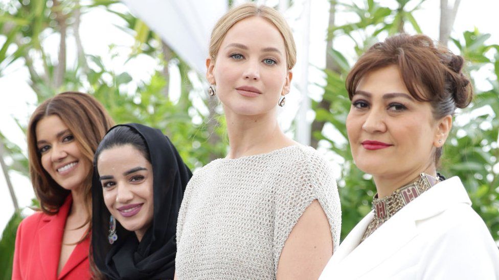 Jennifer Lawrence pictured with director Sahra Mani and producer Justine Ciarrocchi at the Cannes film festival