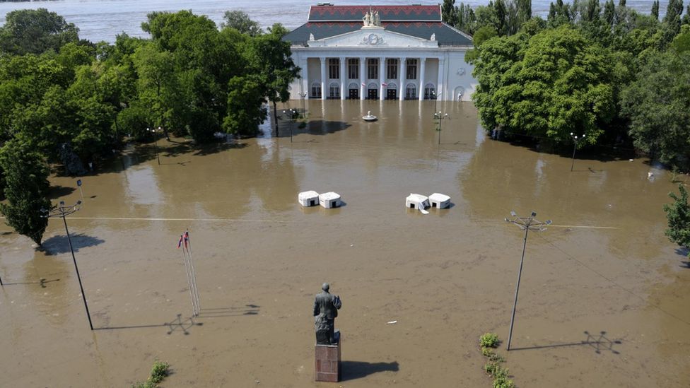 One aerial image showed floodwaters reaching the centre of Nova Kakhovka
