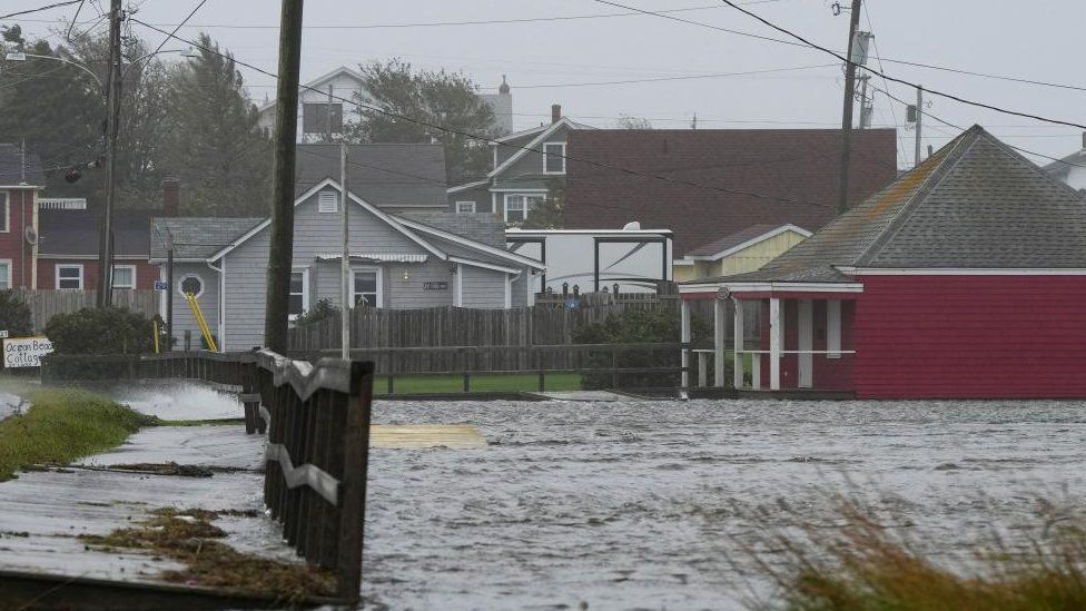 Flooded streets after Storm Lee in Lockeport, Nova Scotia, Canada,