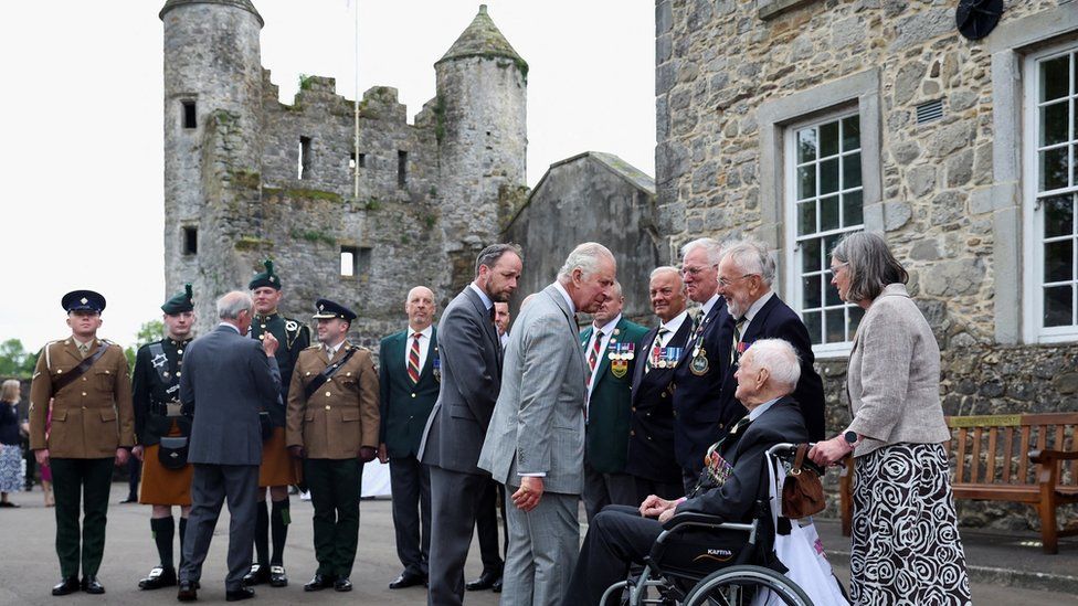 Britain's King Charles meets with military veterans as he visits Enniskillen Castle, Enniskillen,
