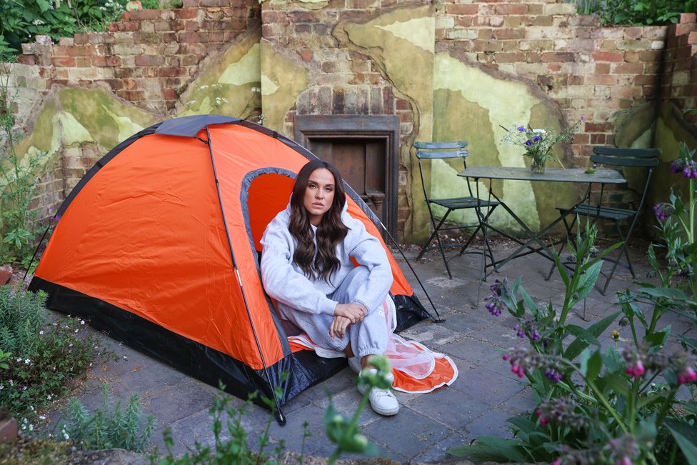 Vicky Pattison sleeps out at the Chelsea Flower Show for Centrepoint to raise awareness about youth homelessness in the UK, on May 21, 2023 in London, England.