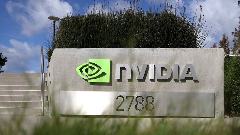 A sign is posted in front of Nvidia headquarters on February 22, 2023 in Santa Clara, California.